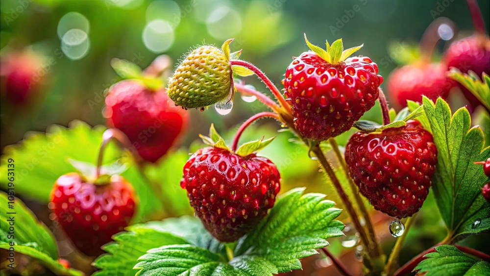 Macro Photography of Wild Strawberries: Close-Up Shots of Juicy Red Berries, Lush Green Leaves, and Natural Forest Backgrounds for Nature Lovers and Food Enthusiasts Macro Photography of Wild Strawberries: Close-Up Shots of Juicy Red Berries, Lush Green Leaves, and Natural Forest Backgrounds for Nature Lovers and Food Enthusiasts