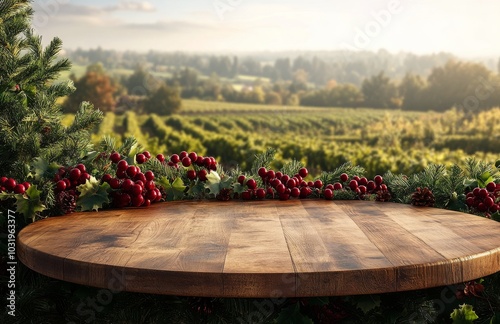Beautiful wooden table adorned with pine cones overlooks a stunning vineyard ...