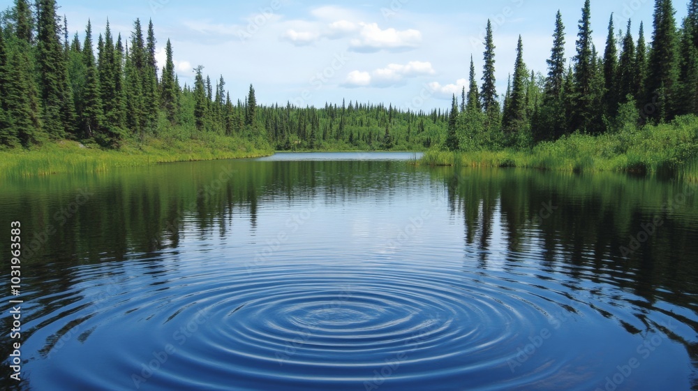 Obraz premium Tranquil Wilderness Lake Surrounded by Evergreen Forests