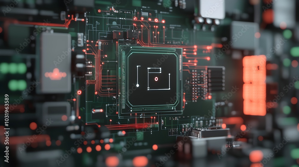 Fototapeta premium Intricate circuit board with interconnected electronic components and microchips