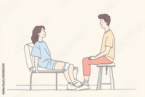 patient receiving physical therapy for leg injury sits on chair while therapist provides guidance. scene captures supportive and encouraging atmosphere