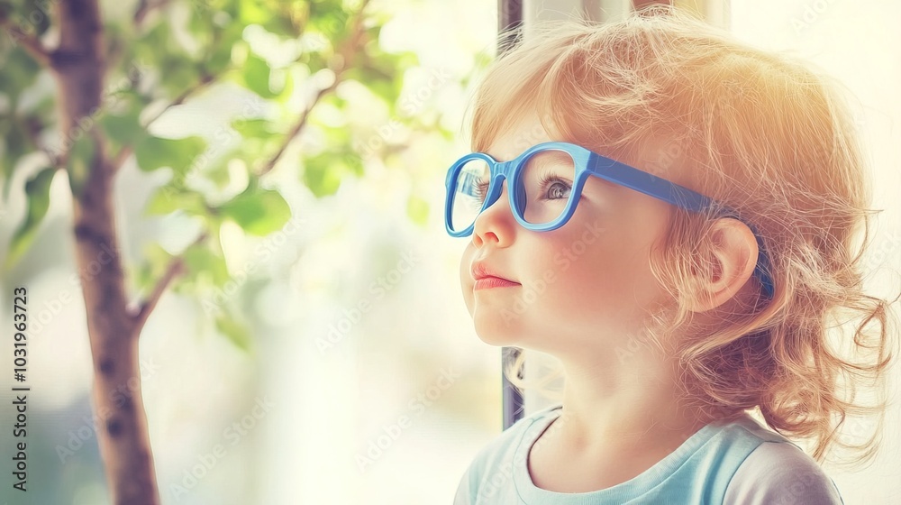 Young child wearing blue glasses focusing on distant tree outside window, symbolizing myopia prevention and importance of outdoor activities. Young child wearing blue glasses focusing on distant tree outside window, symbolizing myopia prevention and importance of outdoor activities.