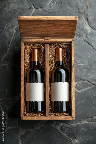 Elegant red wine bottles in a wooden box with straw, showcasing a rustic pres...