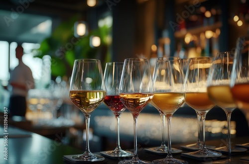 Elegant wine tasting featuring an array of glasses in a sophisticated bar set...