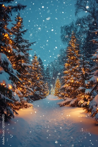 Enchanting winter pathway lined with snow covered trees illuminated by festiv...