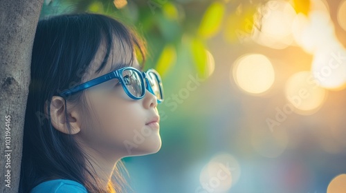 Young child wearing blue glasses focusing on distant tree outside window, symbolizing myopia prevention and importance of outdoor activities.