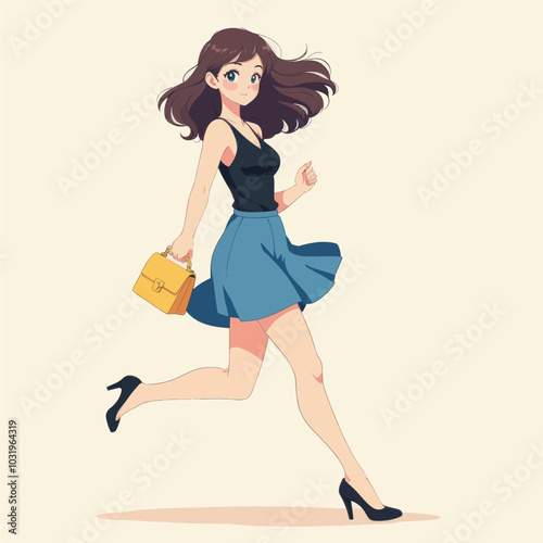 Anime girl in a blue skirt running 
