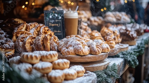 Delicious baked goods displayed at a festive market during the holiday season