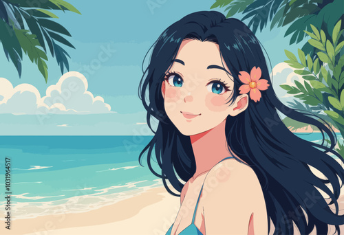 Anime Girl on Tropical Beach