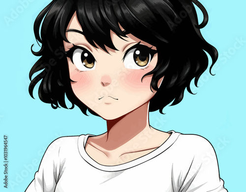 Anime girl with short black hair and brown eyes