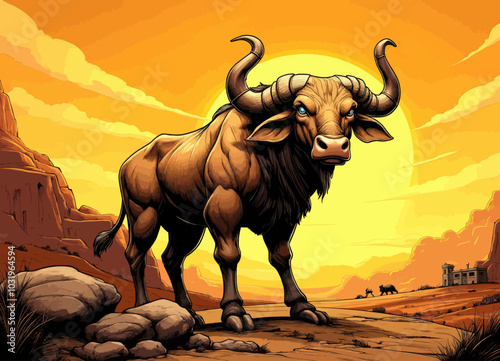 Angry Bull in Desert Landscape 
