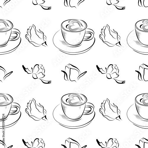 vector seamless pattern line art elements - food, cuisine breakfast cappuccino, coffee, roses photo