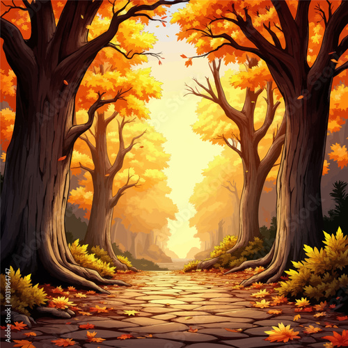 Autumn Forest Path with Stone Pathway 
