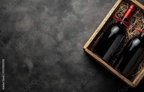 Elegant wooden box containing two wine bottles with red corks on a textured d...