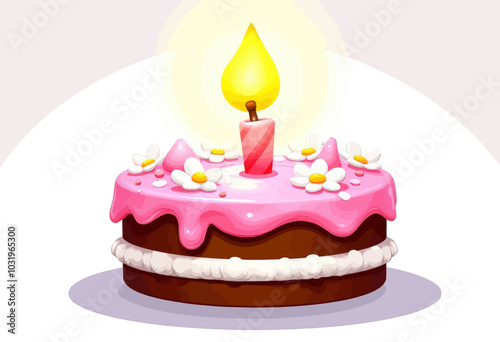 Birthday Cake with Candle and Flowers  
