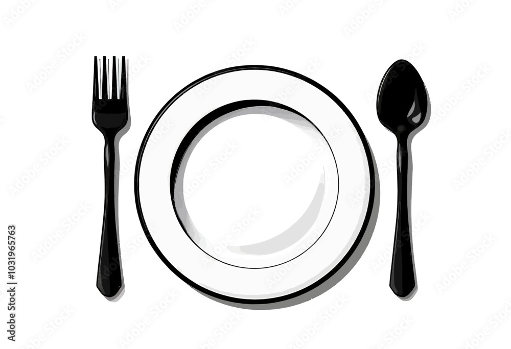 Black Fork, Spoon and Plate on White Background Black Fork, Spoon and Plate on White Background