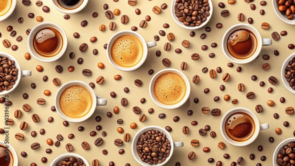Obraz premium Seamless Coffee Pattern with Espresso Cups and Coffee Beans - Perfect for Backgrounds and Textiles