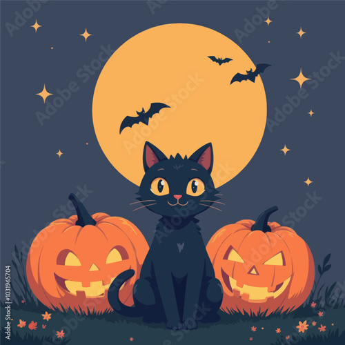 Black Cat with Jack-o'-Lanterns on Halloween Night