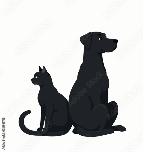 Black Cat and Dog Sitting Together 
