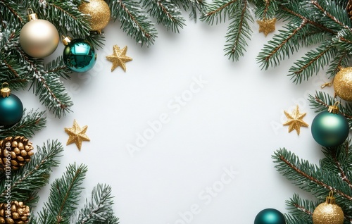 Festive holiday decorations with ornaments and pine branches arranged on a wh...