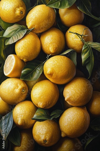 Freshly cut lemons stacked against a vibrant yellow tiled background with dro...