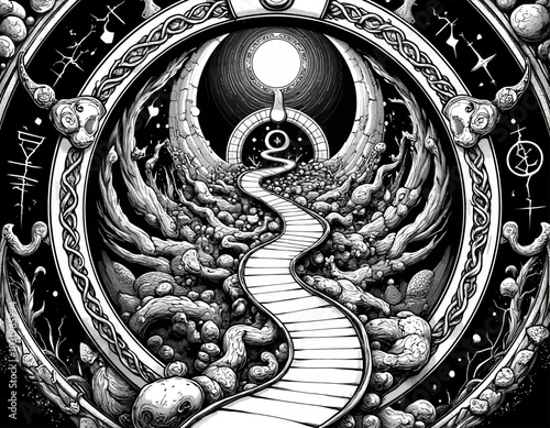 Black and White Illustration of a Path to the Unknown 
