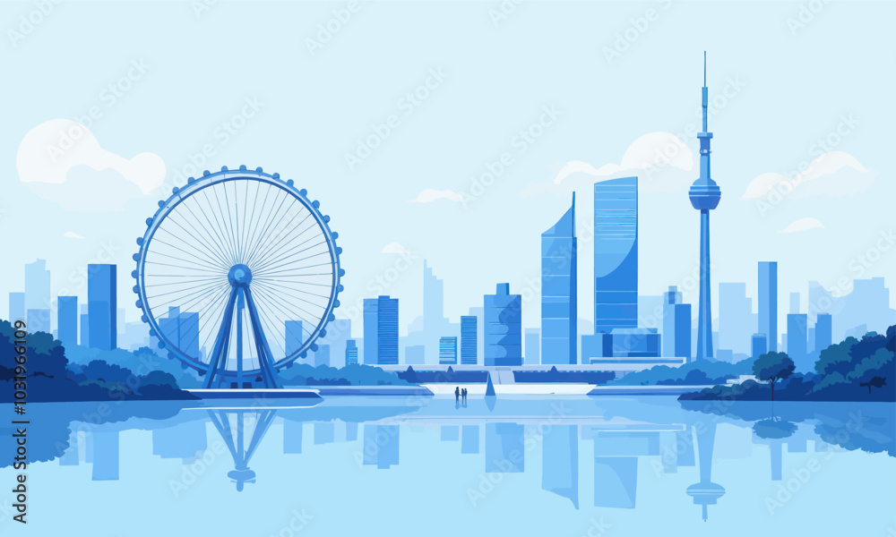 Obraz premium Blue City Skyline with Ferris Wheel and Reflection