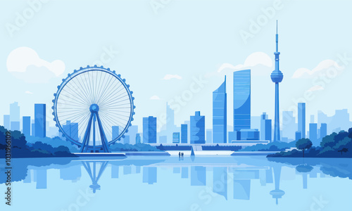 Blue City Skyline with Ferris Wheel and Reflection 
