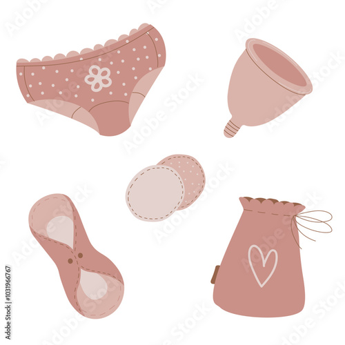 Reusable feminine hygiene products during menstruation. Menstrual cup, cloth pads. Hygiene without waste