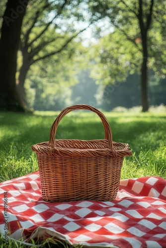 A cozy picnic setup with a woven basket on a red and white checkered blanket ...