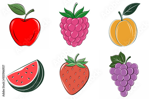 A set of six fruit images, including apples, strawberries, grapes