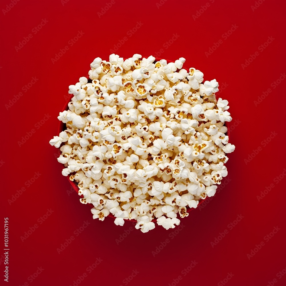 A circular mound of popcorn on a vibrant red background. A circular mound of popcorn on a vibrant red background.