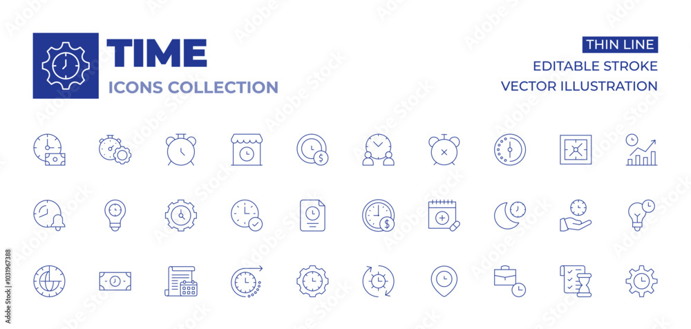 Time icons collection. Thin Line icons, editable stroke. future, on time, time, time management, time zone, calendar, clock, time is money Time icons collection. Thin Line icons, editable stroke. future, on time, time, time management, time zone, calendar, clock, time is money
