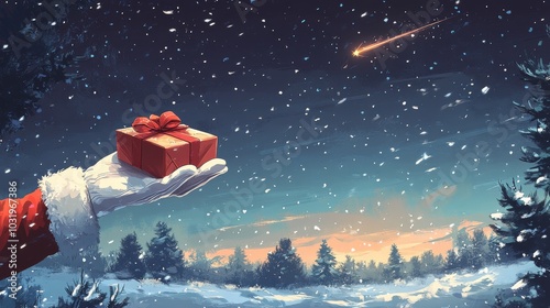 Magical Christmas night with Santas hand releasing a gift under starry sky