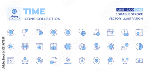 Time icons collection. Line Duotone style, editable stroke. taxi, time, balance, earth hour, time is money, time management, time lapse, calendar, money, file
