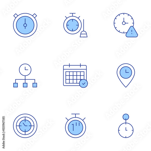 Time icons set. Line Duotone style, editable stroke. second, arrival time, cleaning, clock, time management, time manager, timing, expired, calendar