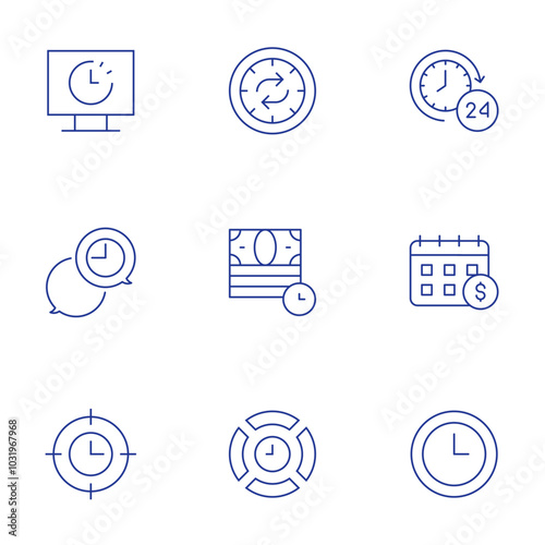 Time icons set. Thin Line style, editable stroke. lag, response, target, hours, calendar, clock, time, time is money, time management