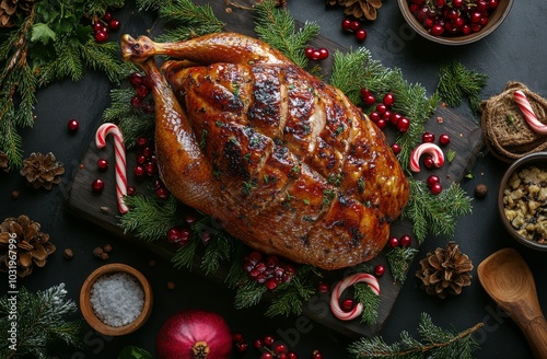 A beautifully roasted turkey adorned with herbs, berries, and festive decor o...