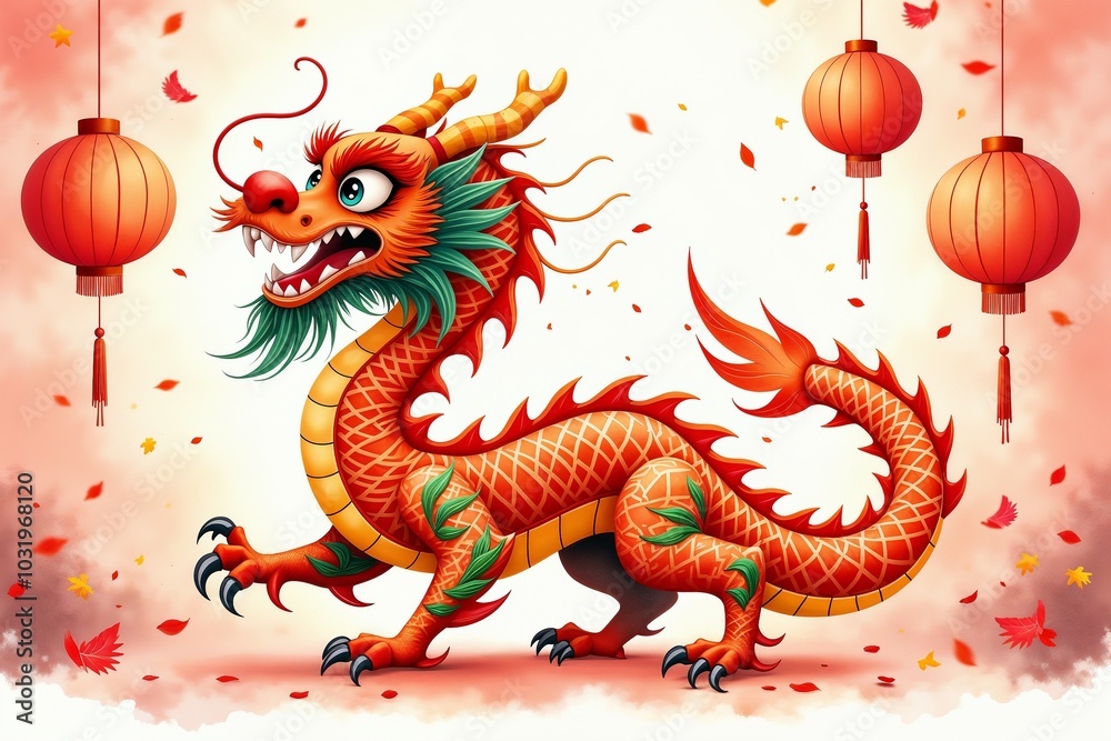 Fototapeta premium Vibrant dragon dance scene with red lanterns and festive decorations, Lunar New Year celebration