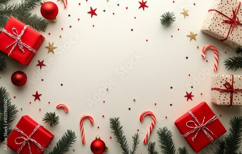Colorful holiday gift boxes arranged with festive decorations on a light back...