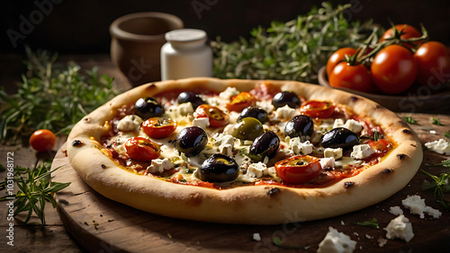 This beautifully baked artisan pizza is topped with olives, feta cheese, roasted tomatoes, and oregano. It has a Mediterranean-themed background featuring olive oil, fresh herbs, and rustic pottery.