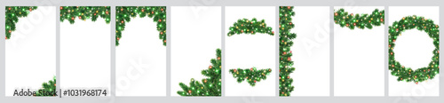 Christmas tree decoration. Holiday garland, festive corner, Christmas wreath. Frame, branch with Christmas lights. Vertical format for social media. Transparent background in vector file