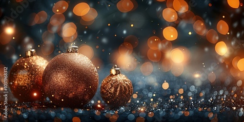 Glistening golden Christmas ornaments set against a festive blurred background filled with warm bokeh lights create a cozy holiday atmosphere photo