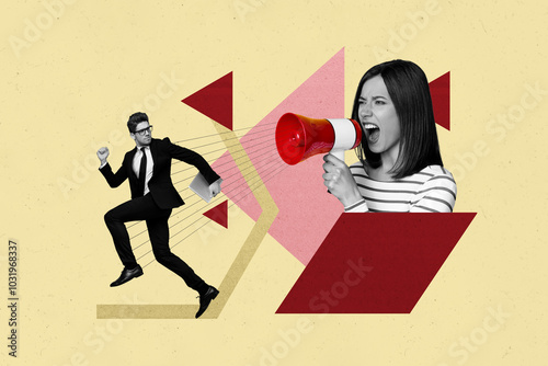 Creative collage young woman businessman boss scream yell shout commander entrepreneur manager organization worker coporate discipline