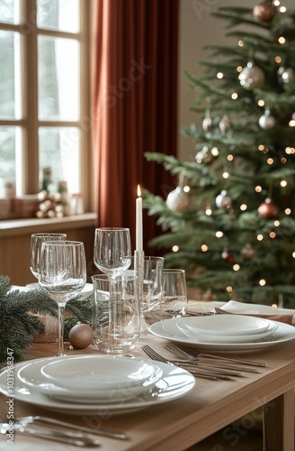 Elegant holiday dinner table setting with candles, greenery, and a Christmas ...