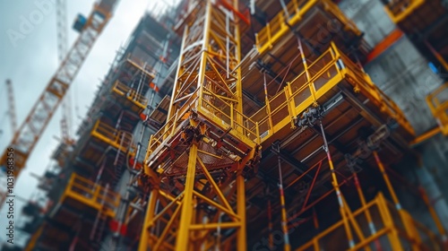 A vibrant construction site showcasing yellow cranes and scaffolding against a cloudy sky in urban development. Generative AI