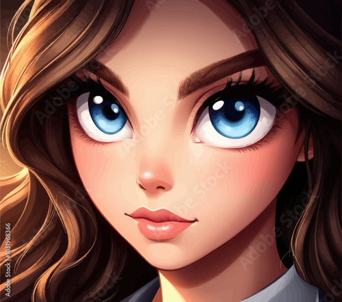 Close-up of a young woman with striking blue eyes and long brown hair