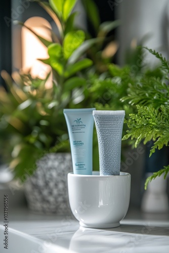 Two blue grooming tools beside a potted plant and a white bowl in a cozy bath...