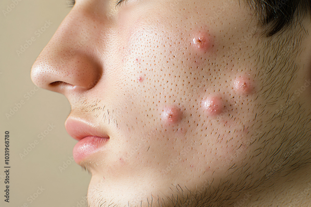 Closeup man face with red pimples, inflammation on face and problem skin. Acne, rosacea and couperose therapy. Facial treatment skincare routine and hygiene Cosmetic and beauty banner with copy space Closeup man face with red pimples, inflammation on face and problem skin. Acne, rosacea and couperose therapy. Facial treatment skincare routine and hygiene Cosmetic and beauty banner with copy space