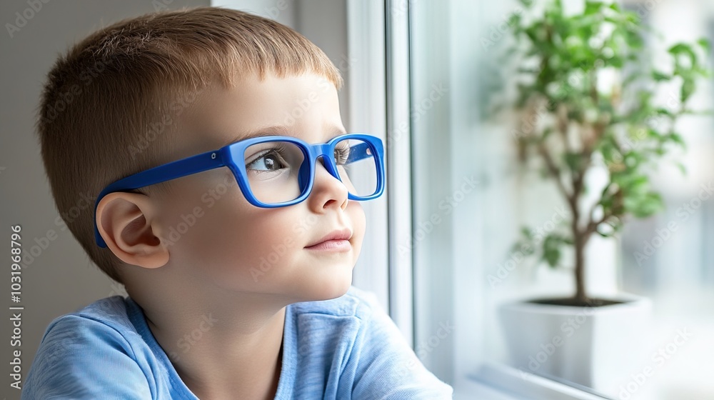 Young child wearing blue glasses focusing on distant tree outside window, symbolizing myopia prevention and importance of outdoor activities. Young child wearing blue glasses focusing on distant tree outside window, symbolizing myopia prevention and importance of outdoor activities.